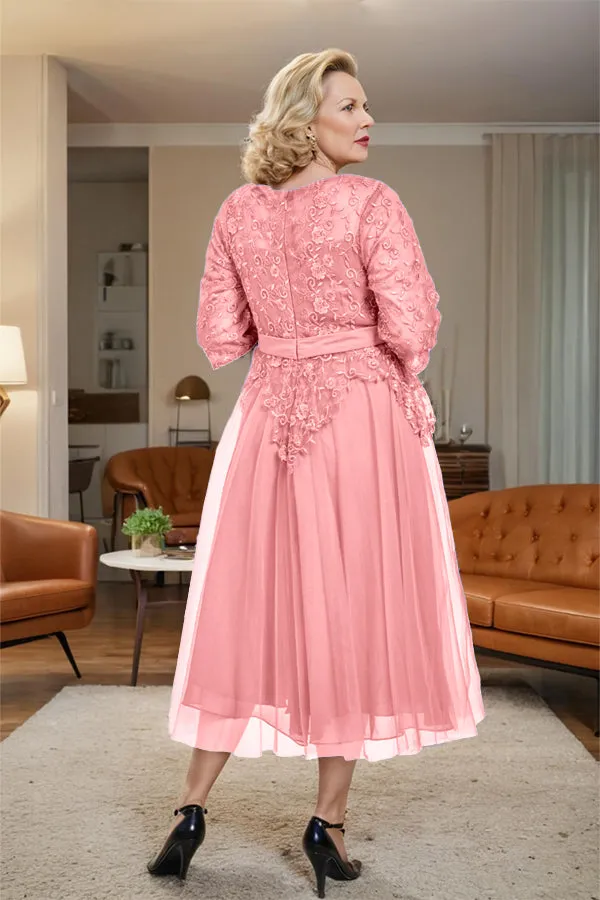 Belted 3/4 Sleeves Tulle Tea Length Mother of the Bride Dress