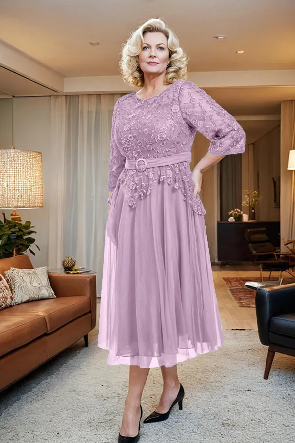 Belted 3/4 Sleeves Tulle Tea Length Mother of the Bride Dress