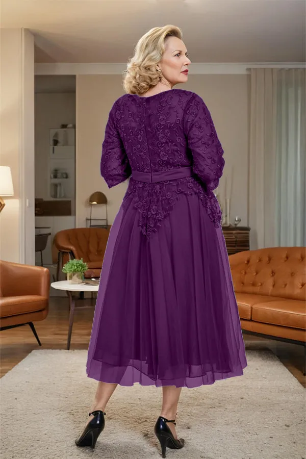 Belted 3/4 Sleeves Tulle Tea Length Mother of the Bride Dress