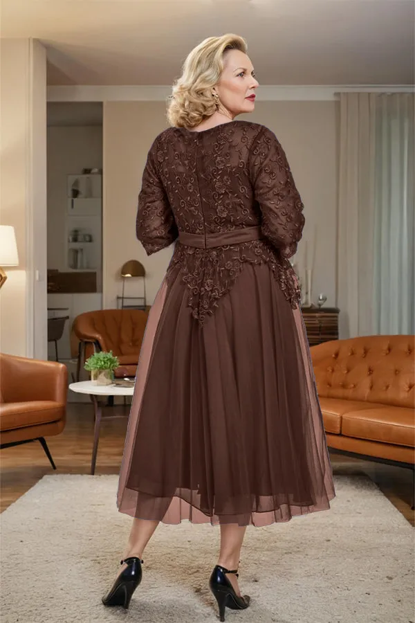 Belted 3/4 Sleeves Tulle Tea Length Mother of the Bride Dress