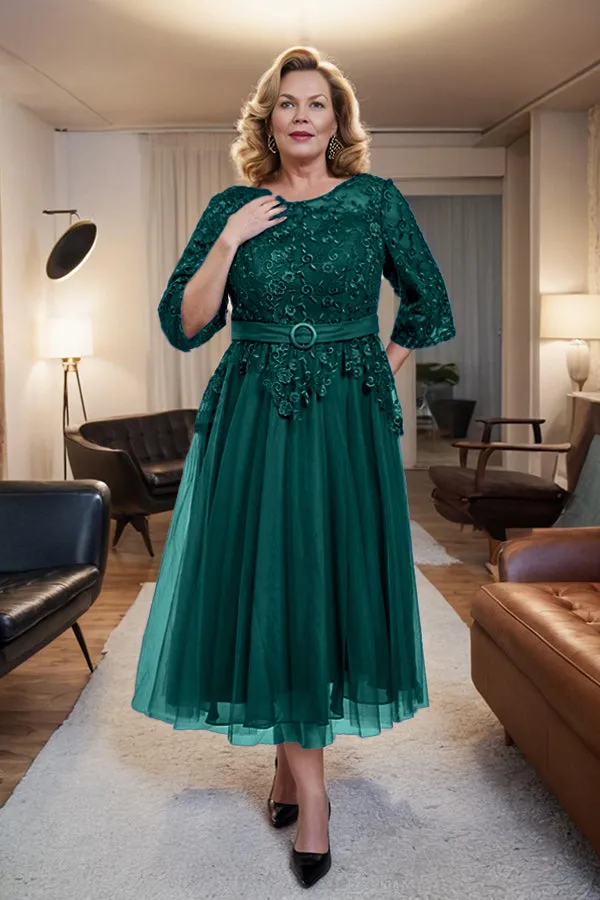 Belted 3/4 Sleeves Tulle Tea Length Mother of the Bride Dress