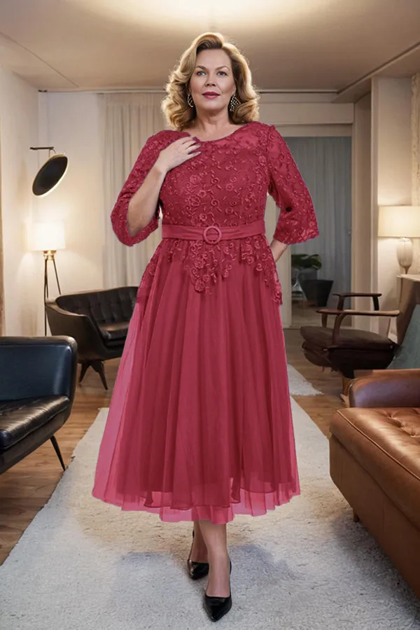 Belted 3/4 Sleeves Tulle Tea Length Mother of the Bride Dress
