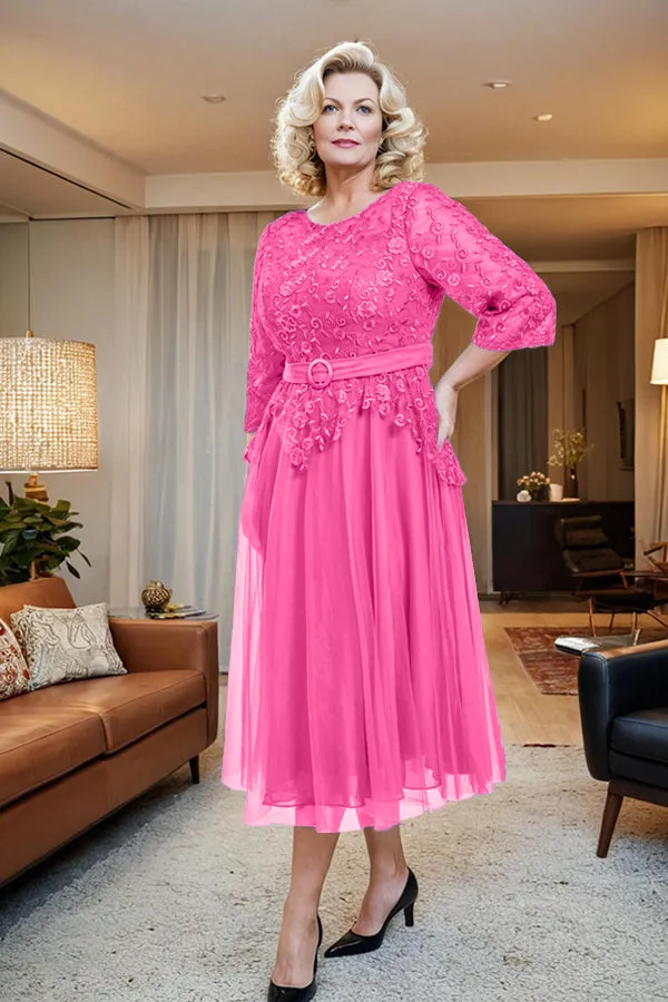 Belted 3/4 Sleeves Tulle Tea Length Mother of the Bride Dress
