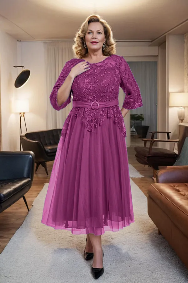 Belted 3/4 Sleeves Tulle Tea Length Mother of the Bride Dress