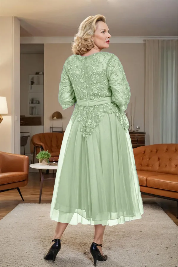 Belted 3/4 Sleeves Tulle Tea Length Mother of the Bride Dress