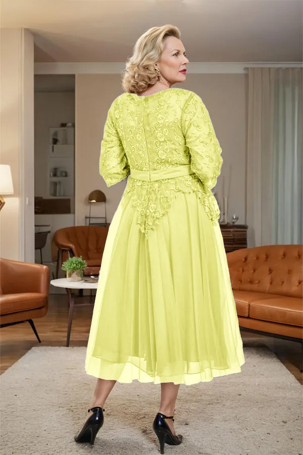 Belted 3/4 Sleeves Tulle Tea Length Mother of the Bride Dress