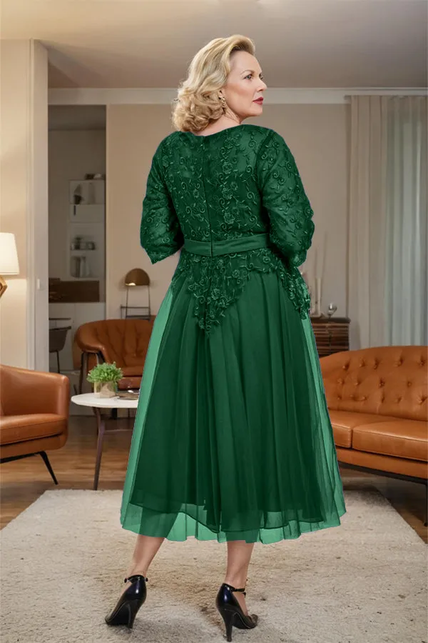 Belted 3/4 Sleeves Tulle Tea Length Mother of the Bride Dress