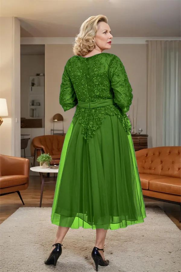 Belted 3/4 Sleeves Tulle Tea Length Mother of the Bride Dress