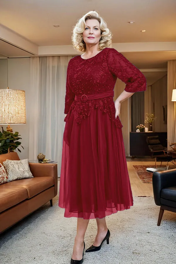 Belted 3/4 Sleeves Tulle Tea Length Mother of the Bride Dress