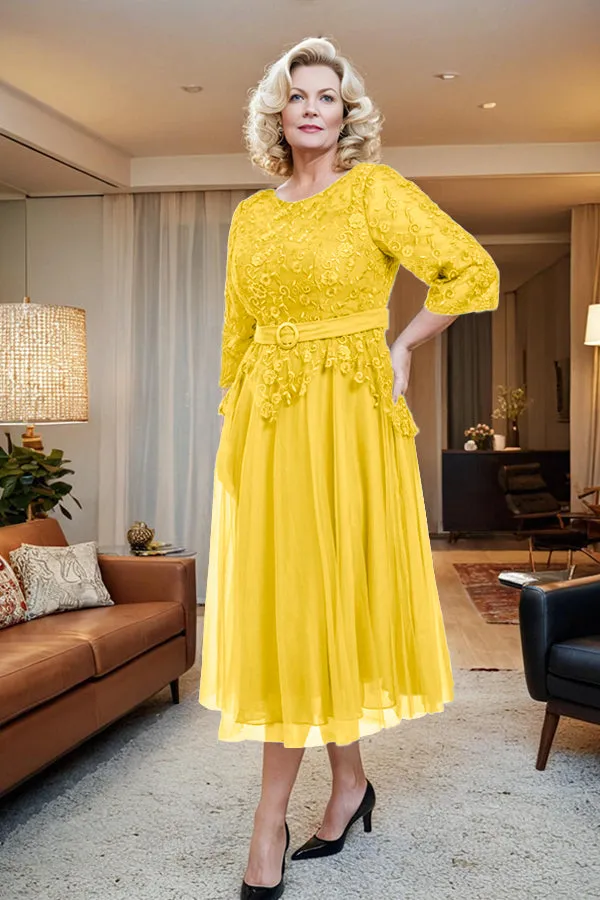 Belted 3/4 Sleeves Tulle Tea Length Mother of the Bride Dress