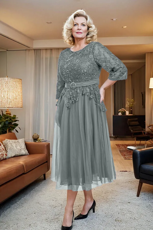 Belted 3/4 Sleeves Tulle Tea Length Mother of the Bride Dress