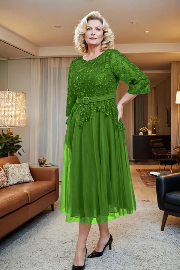 Belted 3/4 Sleeves Tulle Tea Length Mother of the Bride Dress