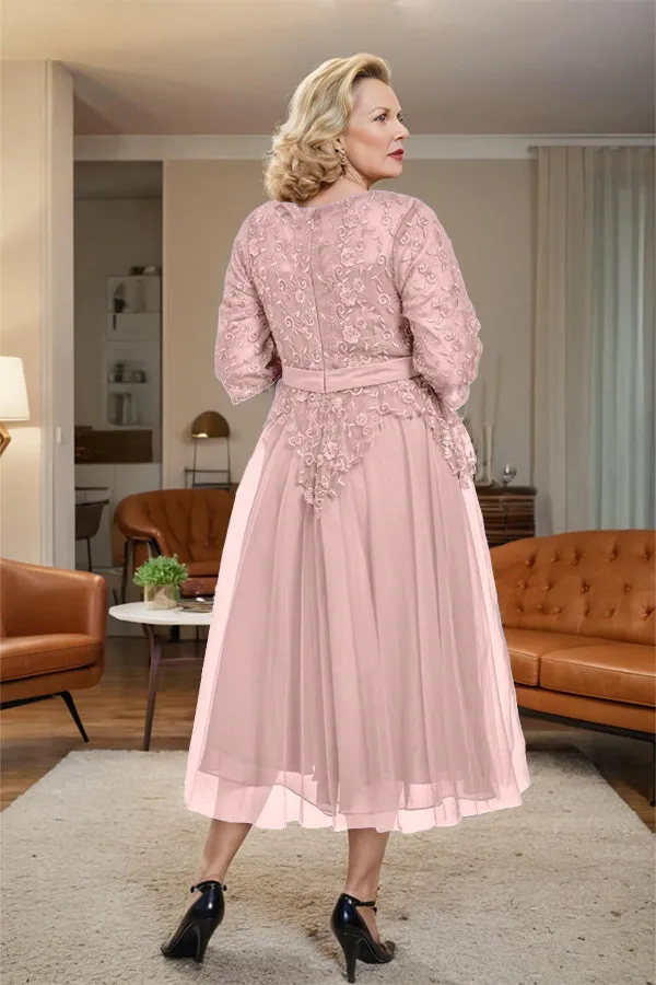 Belted 3/4 Sleeves Tulle Tea Length Mother of the Bride Dress