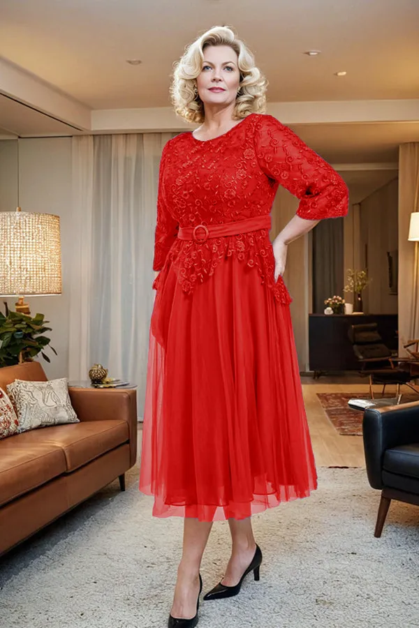 Belted 3/4 Sleeves Tulle Tea Length Mother of the Bride Dress