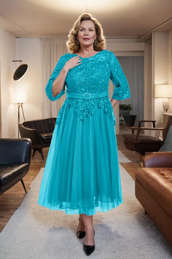 Belted 3/4 Sleeves Tulle Tea Length Mother of the Bride Dress