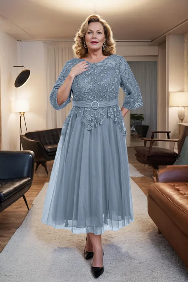 Belted 3/4 Sleeves Tulle Tea Length Mother of the Bride Dress