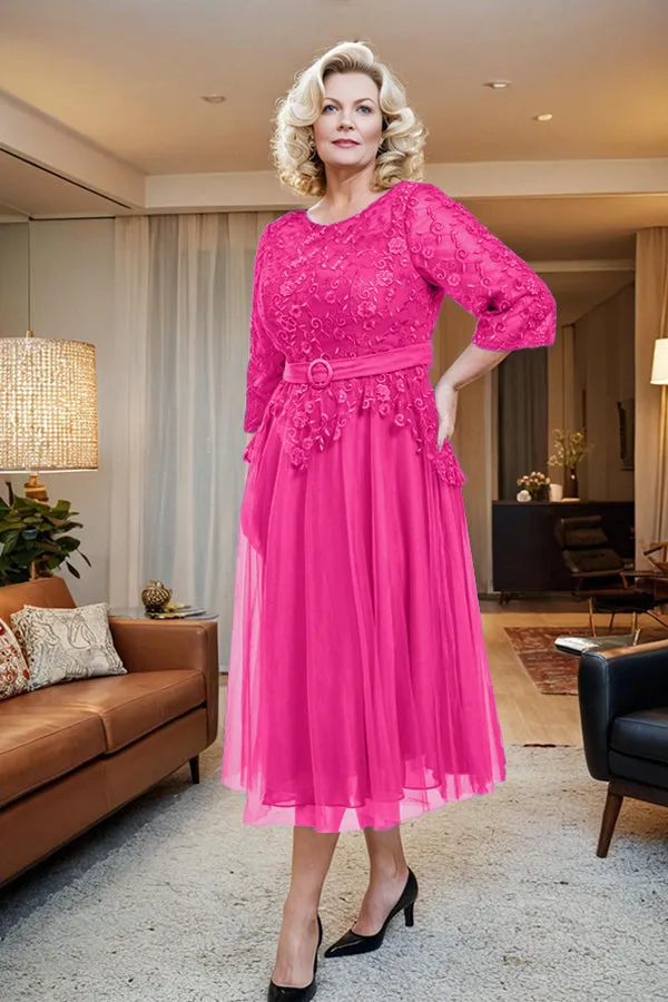 Belted 3/4 Sleeves Tulle Tea Length Mother of the Bride Dress