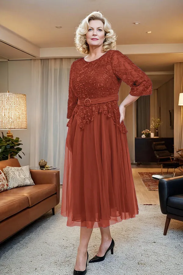 Belted 3/4 Sleeves Tulle Tea Length Mother of the Bride Dress