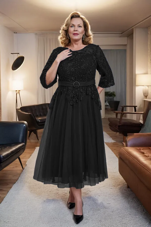 Belted 3/4 Sleeves Tulle Tea Length Mother of the Bride Dress