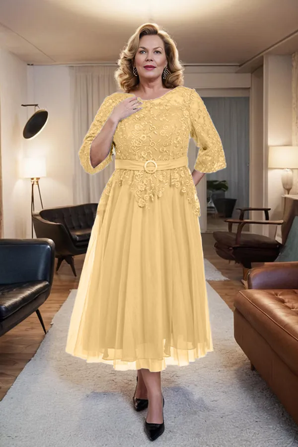 Belted 3/4 Sleeves Tulle Tea Length Mother of the Bride Dress