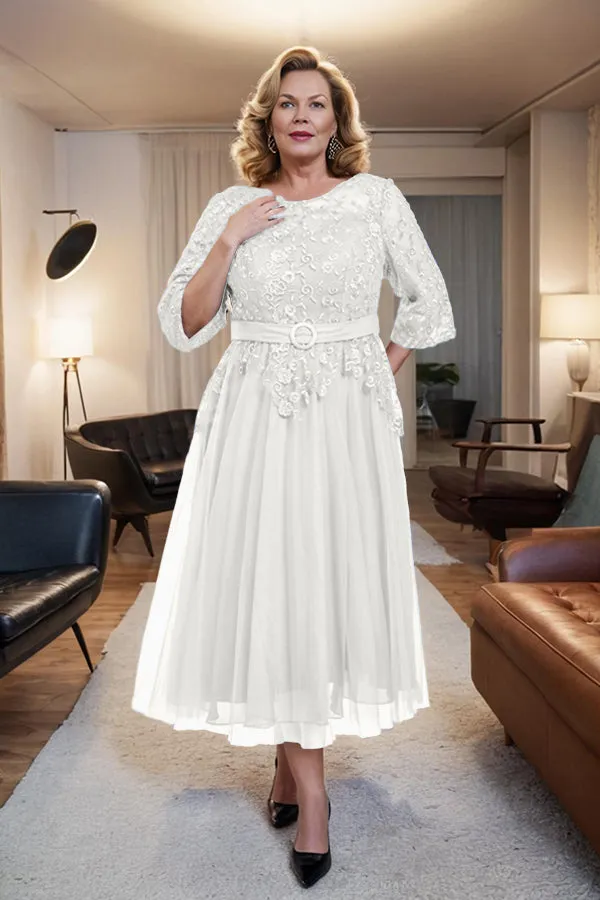 Belted 3/4 Sleeves Tulle Tea Length Mother of the Bride Dress