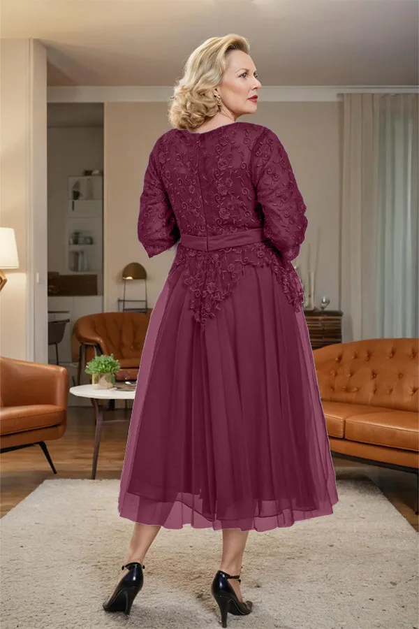 Belted 3/4 Sleeves Tulle Tea Length Mother of the Bride Dress