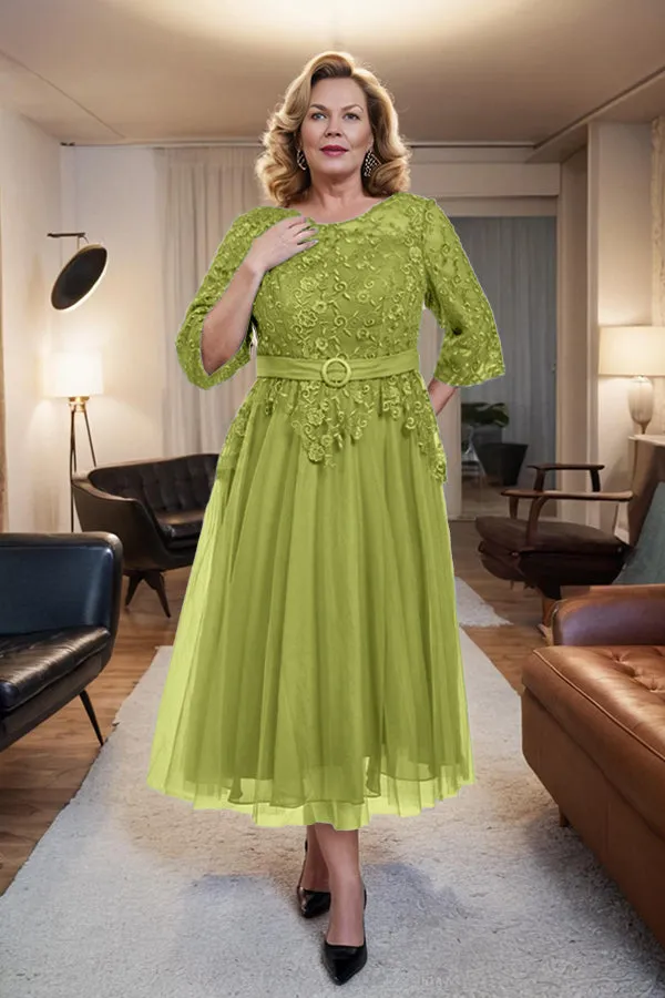 Belted 3/4 Sleeves Tulle Tea Length Mother of the Bride Dress