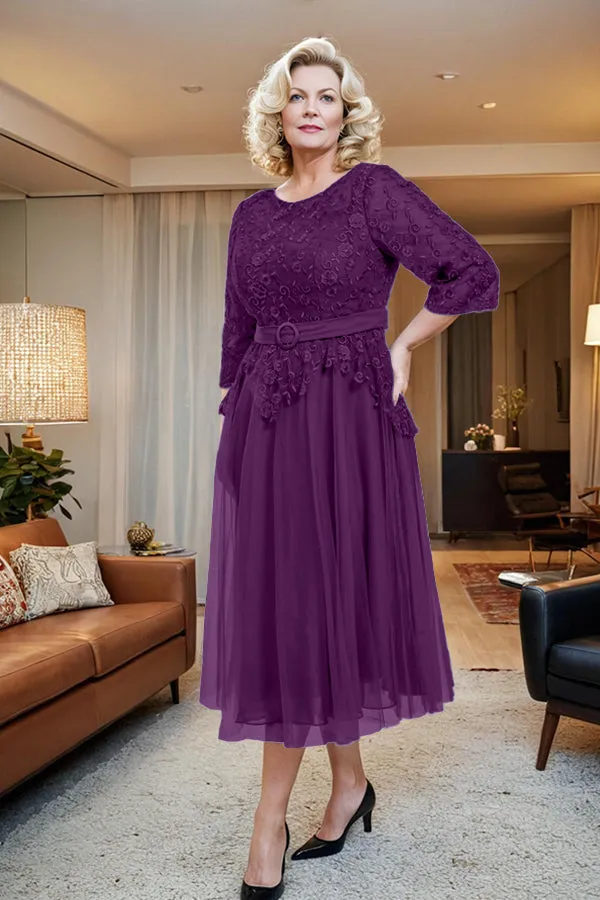 Belted 3/4 Sleeves Tulle Tea Length Mother of the Bride Dress