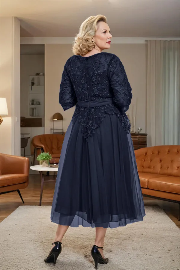 Belted 3/4 Sleeves Tulle Tea Length Mother of the Bride Dress