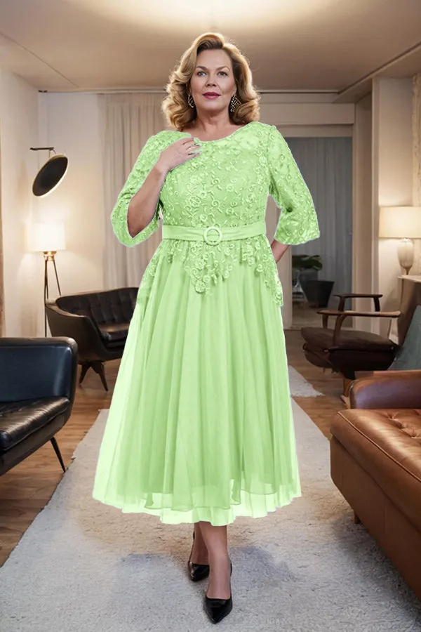 Belted 3/4 Sleeves Tulle Tea Length Mother of the Bride Dress