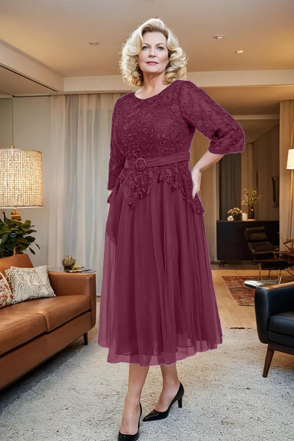 Belted 3/4 Sleeves Tulle Tea Length Mother of the Bride Dress