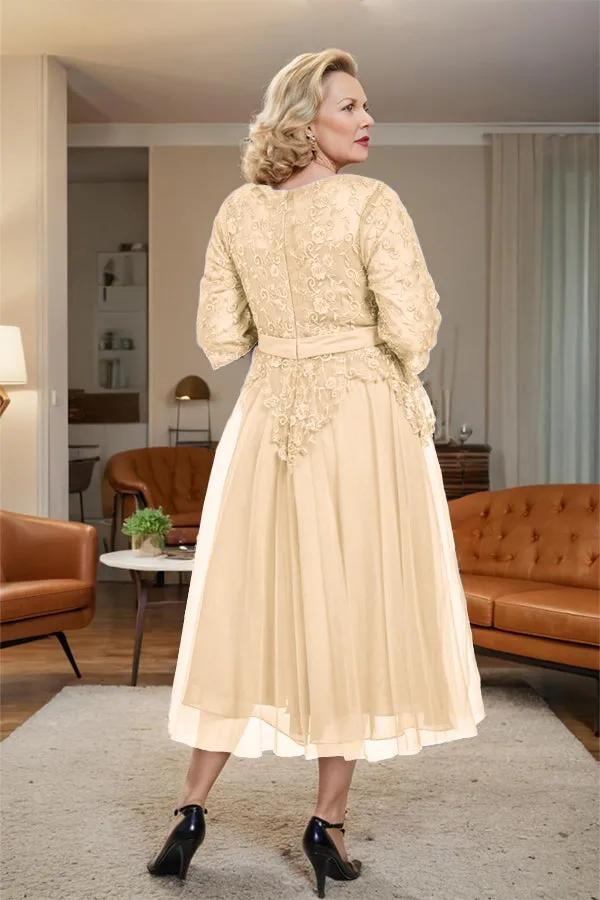 Belted 3/4 Sleeves Tulle Tea Length Mother of the Bride Dress