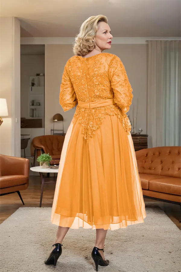 Belted 3/4 Sleeves Tulle Tea Length Mother of the Bride Dress