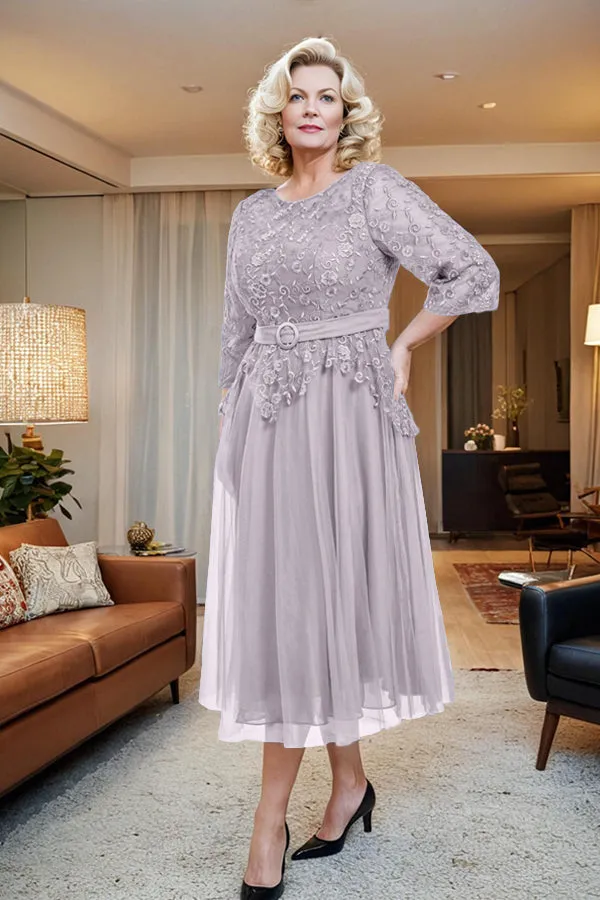 Belted 3/4 Sleeves Tulle Tea Length Mother of the Bride Dress