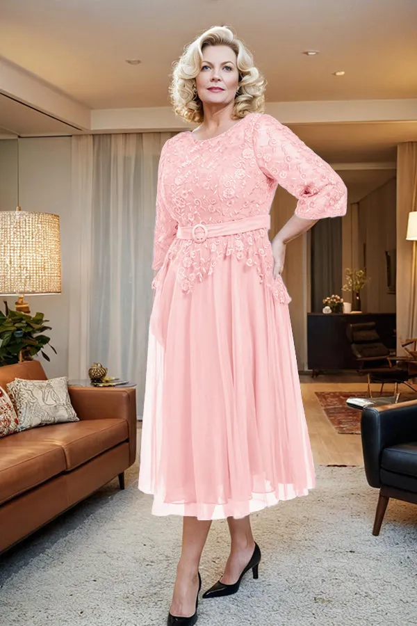 Belted 3/4 Sleeves Tulle Tea Length Mother of the Bride Dress