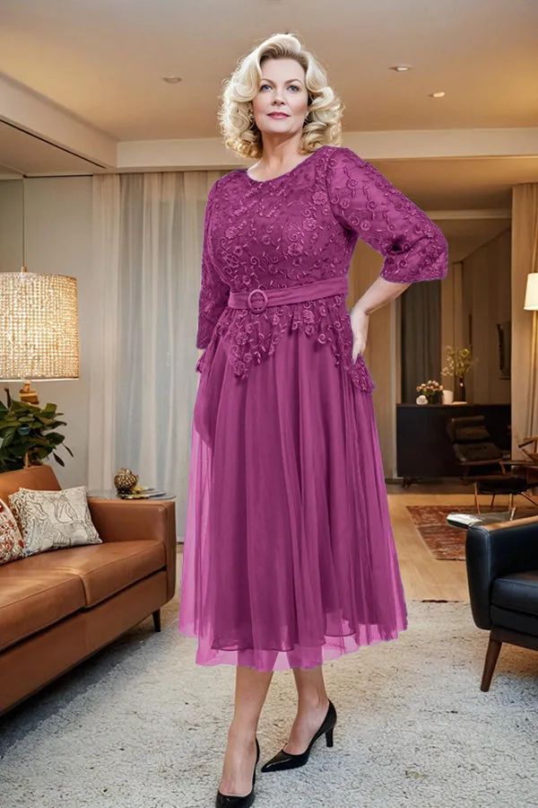 Belted 3/4 Sleeves Tulle Tea Length Mother of the Bride Dress