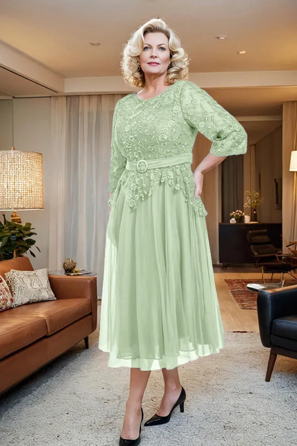 Belted 3/4 Sleeves Tulle Tea Length Mother of the Bride Dress