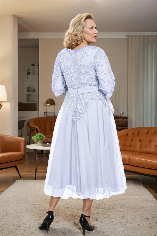 Belted 3/4 Sleeves Tulle Tea Length Mother of the Bride Dress