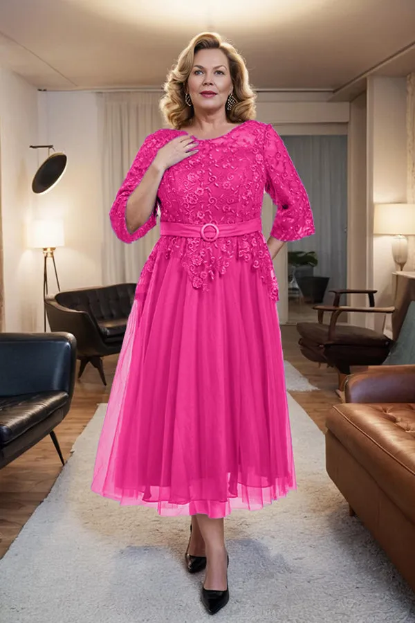 Belted 3/4 Sleeves Tulle Tea Length Mother of the Bride Dress