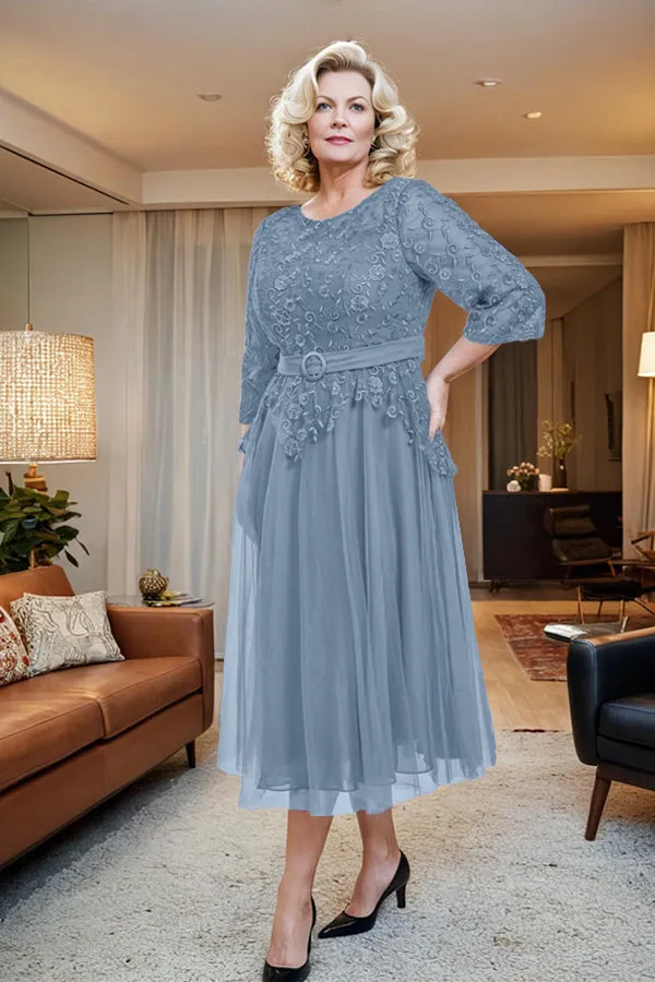 Belted 3/4 Sleeves Tulle Tea Length Mother of the Bride Dress