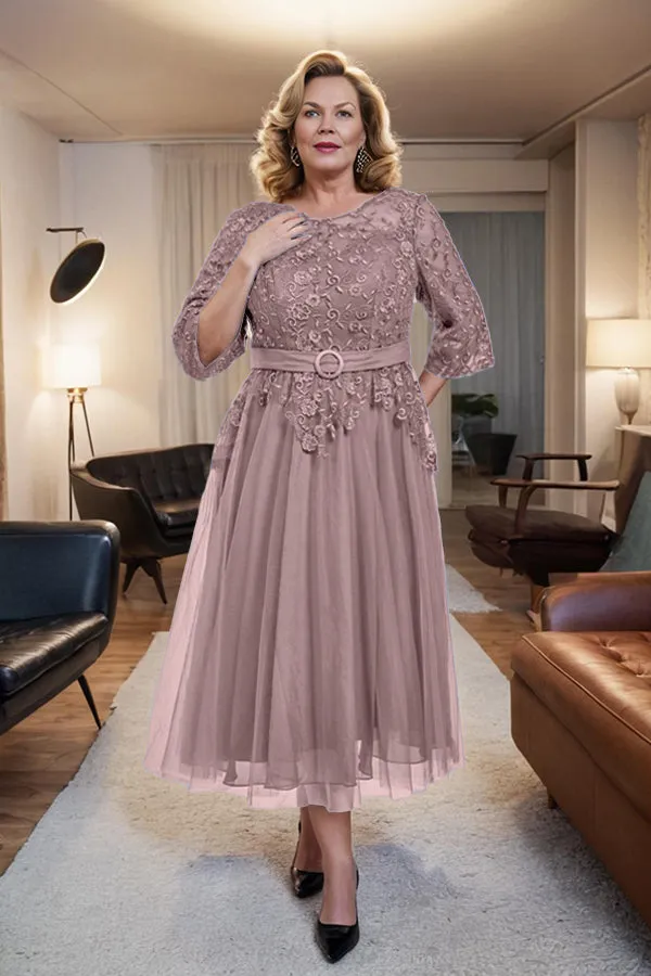 Belted 3/4 Sleeves Tulle Tea Length Mother of the Bride Dress