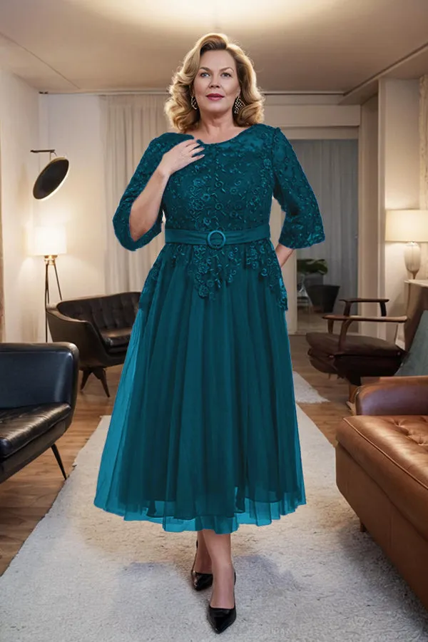 Belted 3/4 Sleeves Tulle Tea Length Mother of the Bride Dress