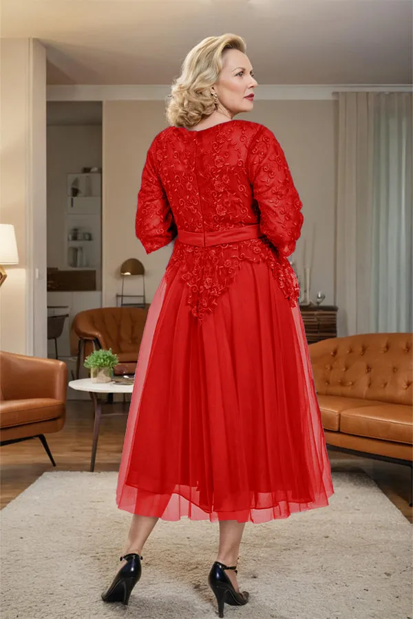 Belted 3/4 Sleeves Tulle Tea Length Mother of the Bride Dress