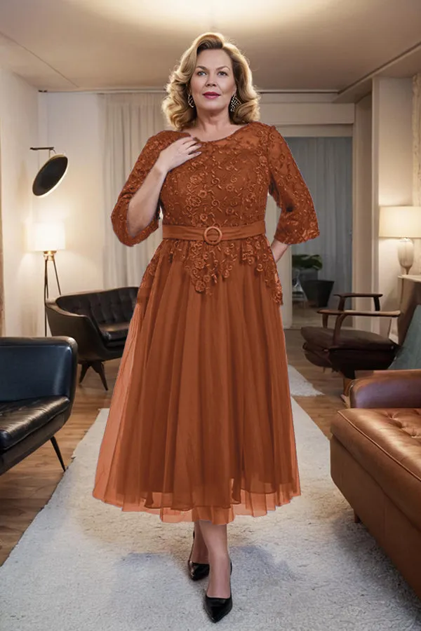 Belted 3/4 Sleeves Tulle Tea Length Mother of the Bride Dress