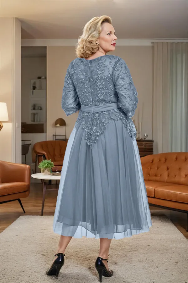 Belted 3/4 Sleeves Tulle Tea Length Mother of the Bride Dress