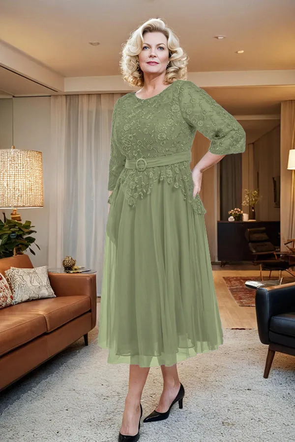 Belted 3/4 Sleeves Tulle Tea Length Mother of the Bride Dress