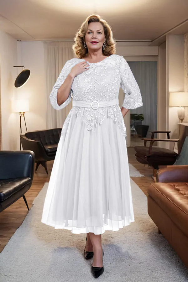Belted 3/4 Sleeves Tulle Tea Length Mother of the Bride Dress