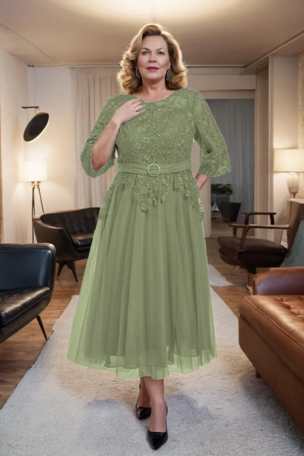 Belted 3/4 Sleeves Tulle Tea Length Mother of the Bride Dress