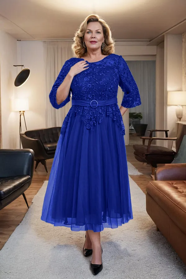 Belted 3/4 Sleeves Tulle Tea Length Mother of the Bride Dress