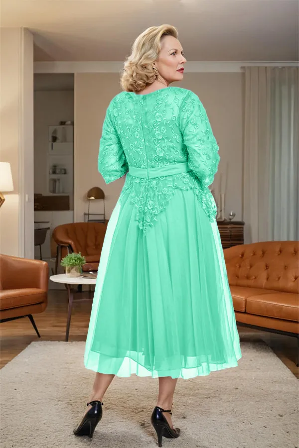 Belted 3/4 Sleeves Tulle Tea Length Mother of the Bride Dress